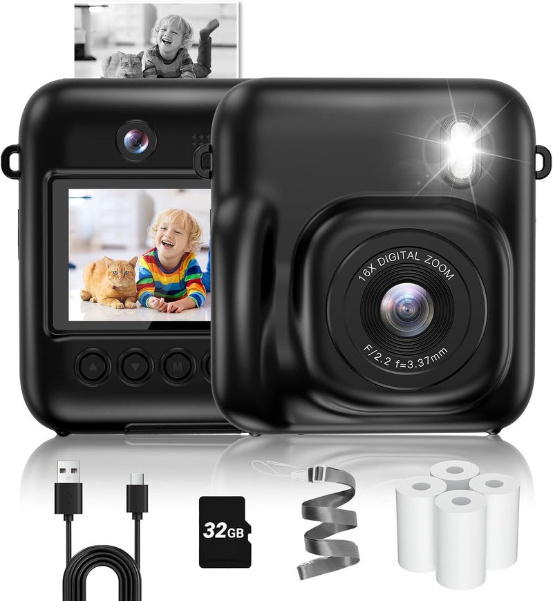 Fulealfly Instant Camera, Dual-Lens Kids Camera Christmas Birthday Gifts, 48MP 1080P Selfie Instant Print Cameras for Kids, Toddle Digital Camera Toy for Girls Boys Age 3 4 5 6 7 8 9 10 (Black) - Image 1